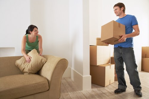 Mover handling boxed items with attention to safe lifting and access